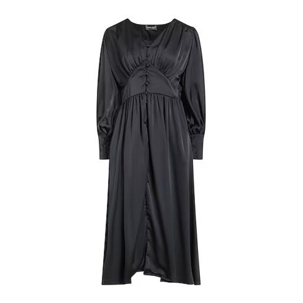 Vanessa Scott Elegant Black Midi Dress‎ V-Neck Button-Front Long Sleeve